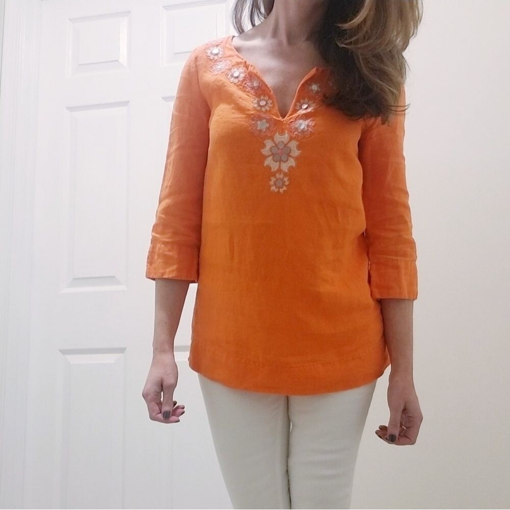 🦋J Crew Orange Linen Tunic - 3/4 sleeves - Size 0